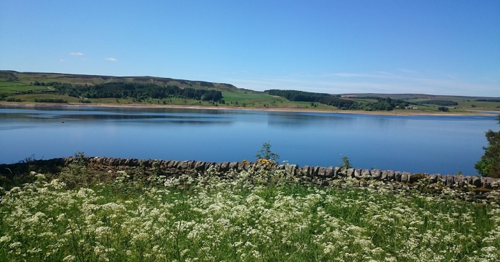 View of Derwent Reservoir surrounded by green countryside and a bright blue sky.